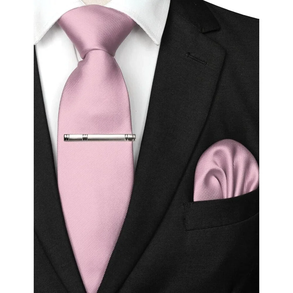 Men's Dusty Rose Solid Color Formal Necktie And Pocket Square Tie Clip Sets